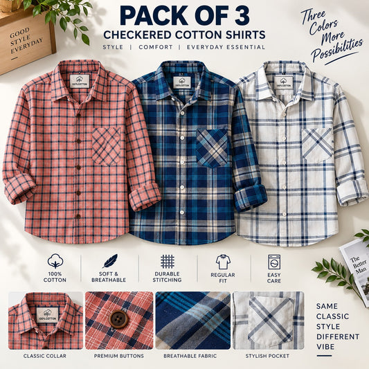 Muticoloured Cotton Checkered Shirts (Pack of 3)