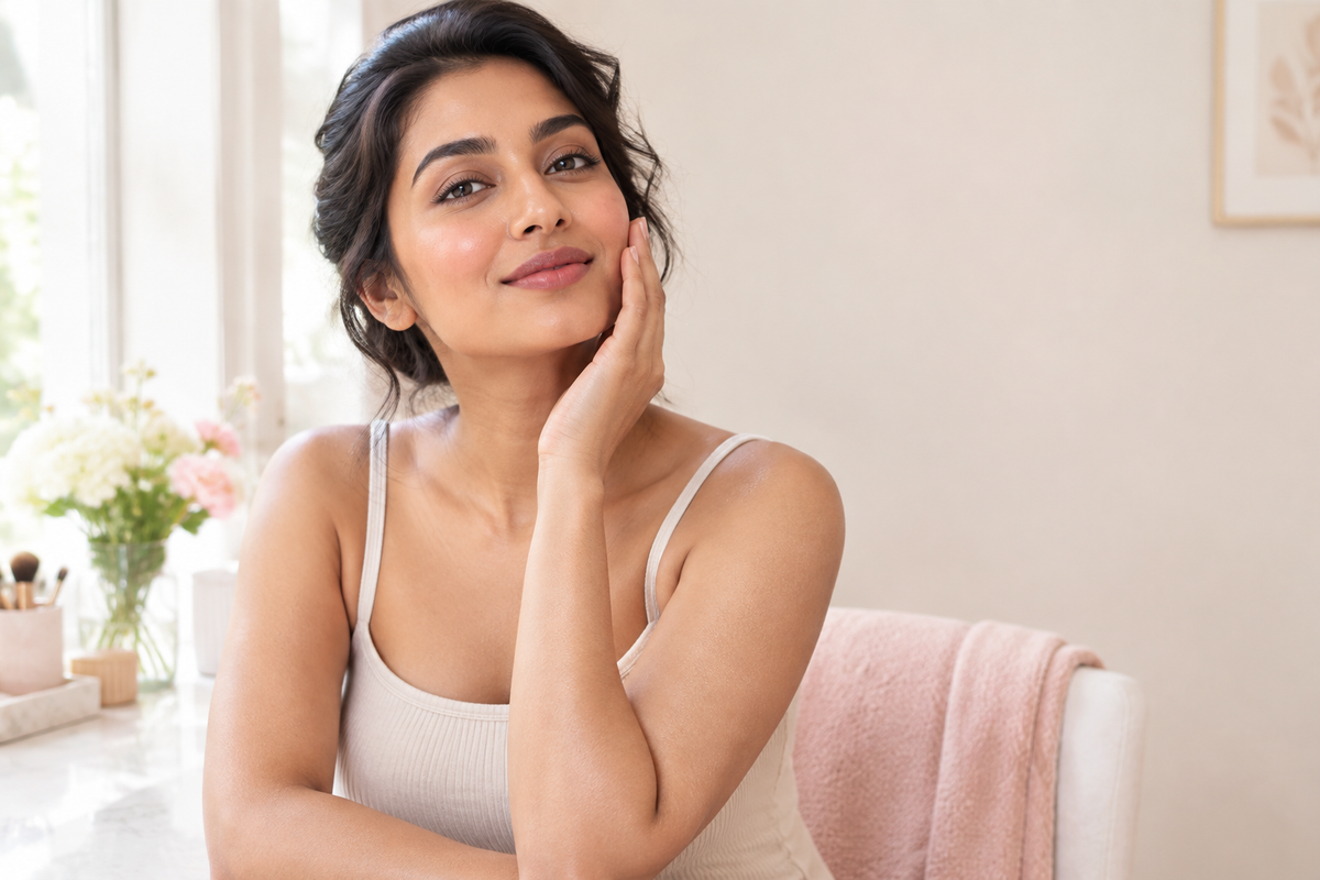 Woman at a bright vanity touching her cheek during her grooming routine